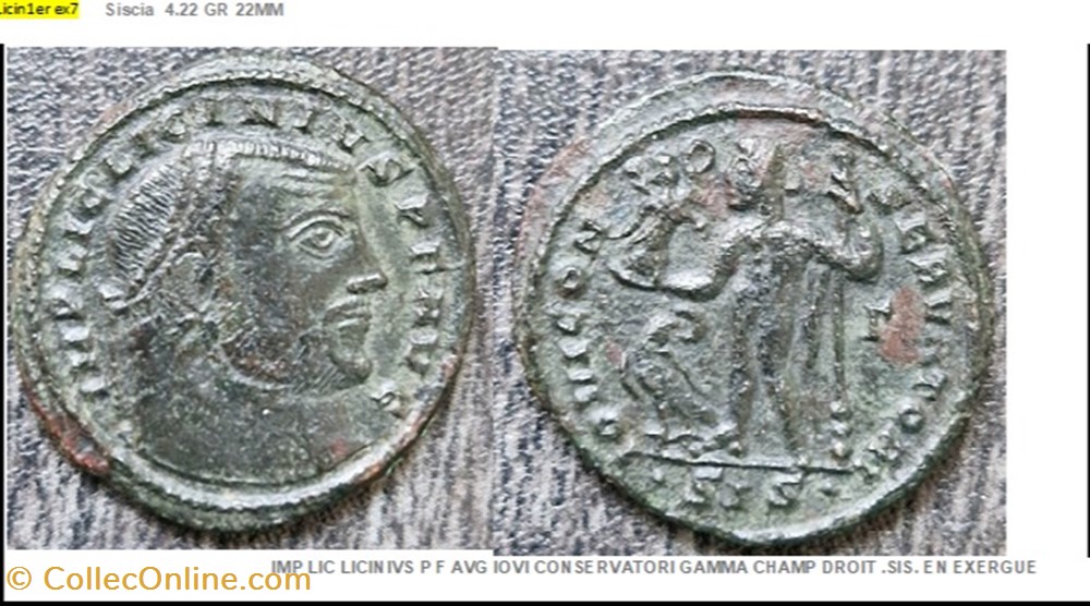 SISCIA LICINUS I IOVI CONSERVATORI GAMMA CHAMP DROIT .SIS. EN EXERGUE IMP LIC LICINIVS P F AVG monnaies antiques romaines imperiales et republicaines siscia licinus i iovi conservatori gamma champ droit sis en exergue imp lic licinivs p f avg