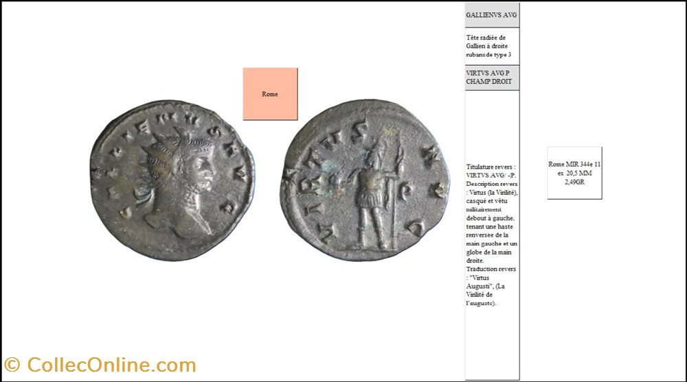ROME GALLIEN VIRTVS AVG P champ droit GALLIENVS AVG monnaies antiques romaines imperiales et republicaines rome gallien virtvs avg p champ droit gallienvs avg