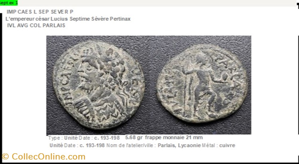 PROVINCIALE SEPTIME SEVERE Parlaïs Lycaonie IVL AVG COL PARLAIS IMP CAES L SEP SEVER P monnaies antiques romaines imperiales et republicaines provinciale septime severe parlais lycaonie ivl avg col parlais imp caes l sep sever p