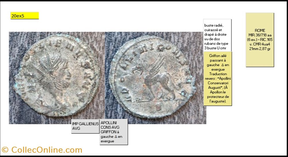 ROME GALLIEN APOLLINI CONS AVG GRIFFON à gauche Δ en exergue IMP GALLIENUS AVG monnaies antiques romaines imperiales et republicaines rome gallien apollini cons avg griffon a gauche en exergue imp gallienus avg