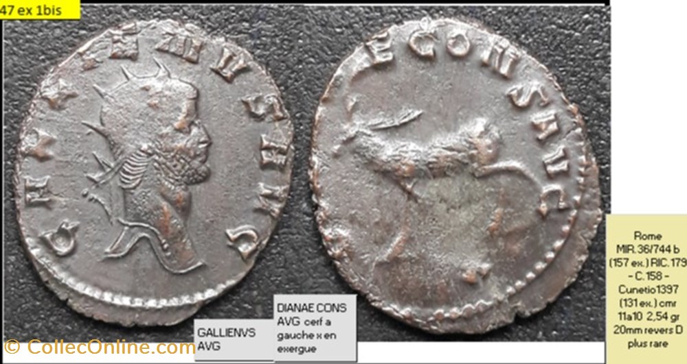 ROME GALLIEN DIANAE CONS AVG cerf a gauche x en exergue GALLIENVS AVG monnaies antiques romaines imperiales et republicaines rome gallien dianae cons avg cerf a gauche x en exergue gallienvs avg