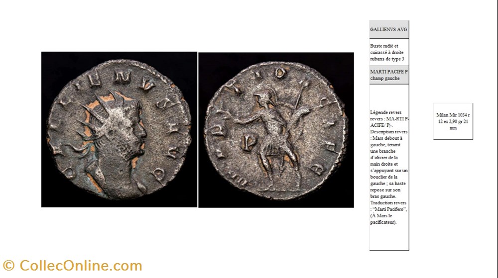 monnaies antiques romaines imperiales et republicaines milan gallien marti pacife p champ gauche gallienus avg