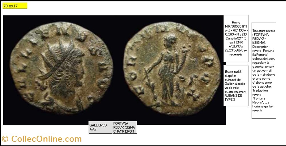 ROME GALLIEN FORTVNA REDVX SIGMA CHAMP DROIT GALLIENVS AVG monnaies antiques romaines imperiales et republicaines rome gallien fortvna redvx sigma champ droit gallienvs avg