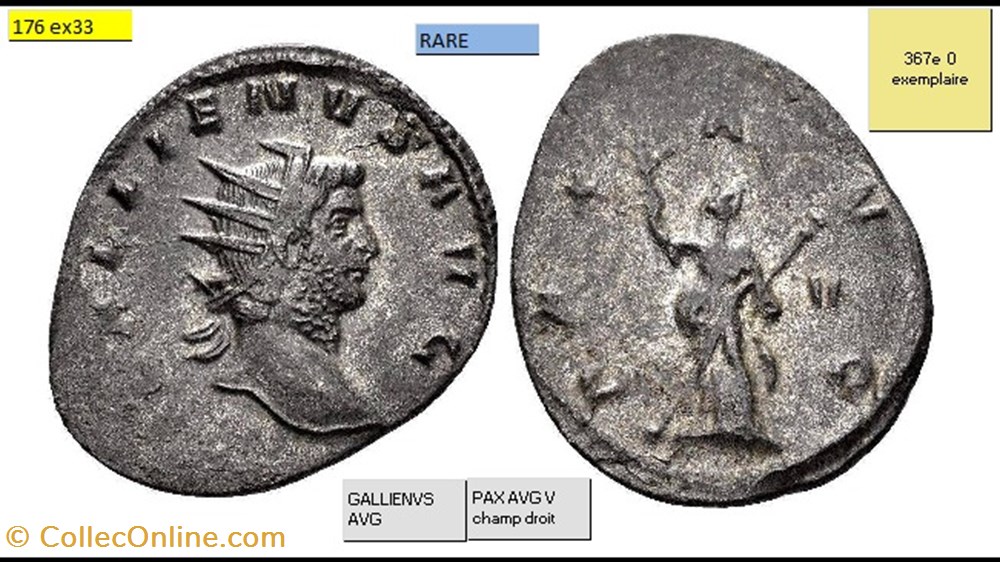 monnaies antiques romaines imperiales et republicaines rome gallien pax avg v champ droit gallienvs avg