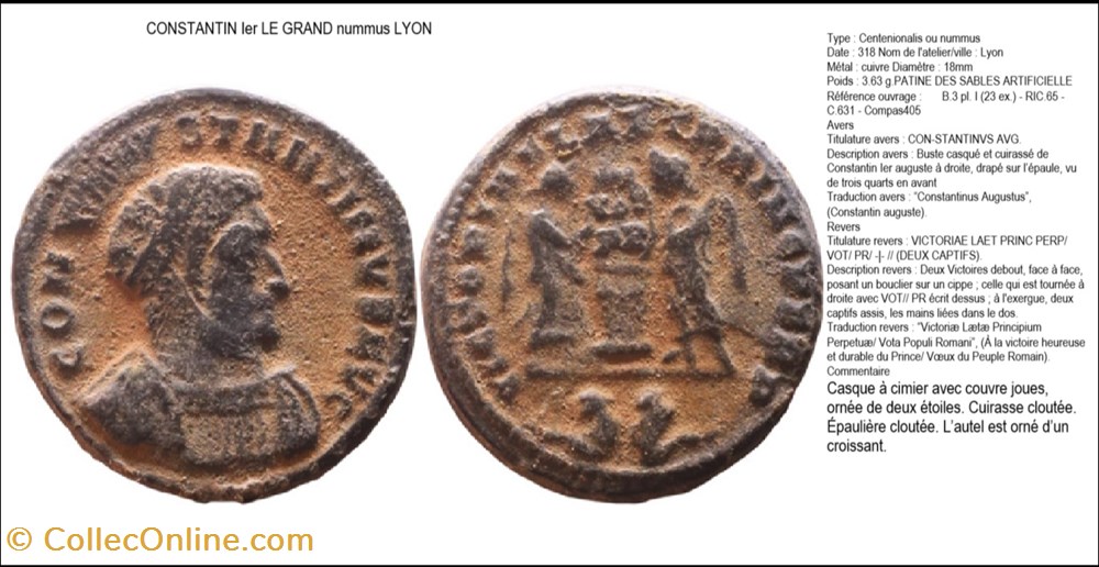 LYON CONSTANTIN I VICTORIAE LAET PRINC PERP VOT PR (DEUX CAPTIFS) CON-STANTINVS AVG monnaies antiques romaines imperiales republicaines lyon constantin i victoriae laet princ perp vot pr deux captifs con stantinvs avg