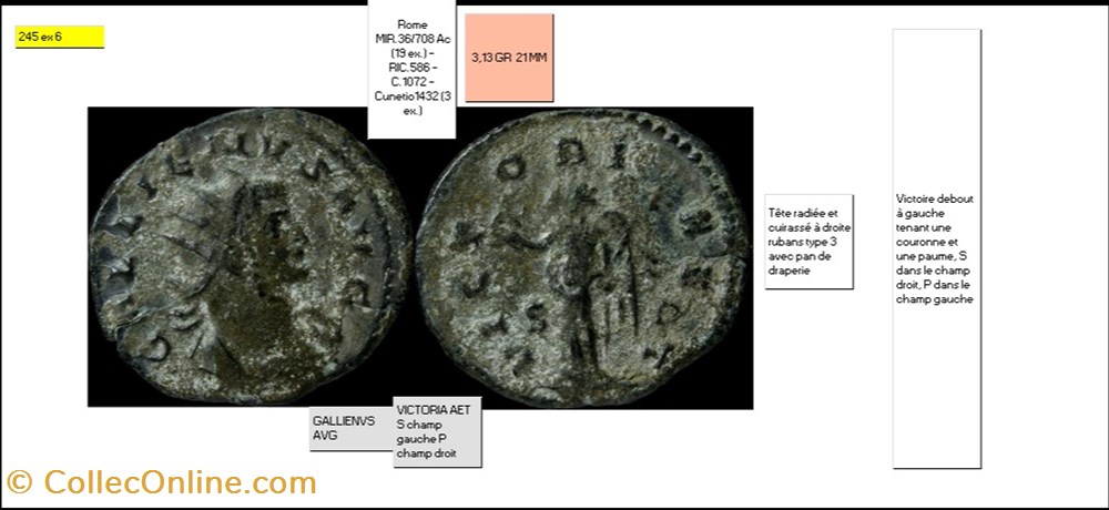 ROME GALLIEN VICTORIA AET S champ gauche P champ droit GALLIENVS AVG monnaies antiques romaines imperiales republicaines rome gallien victoria aet s champ gauche p champ droit gallienvs avg