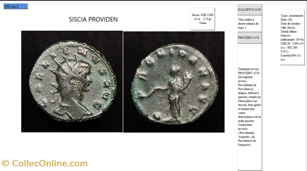 SISCIA GALLIEN PROVIDEN AVG GALLIENVS AVG monnaies antiques romaines imperiales et republicaines siscia gallien providen avg gallienvs avg