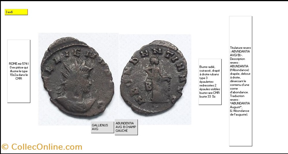ROME GALLIEN ABVNDANTIA AVG/ B champ gauche GALLIENUS AVG monnaies antiques romaines imperiales et republicaines rome gallien abvndantia avg b champ gauche gallienus avg