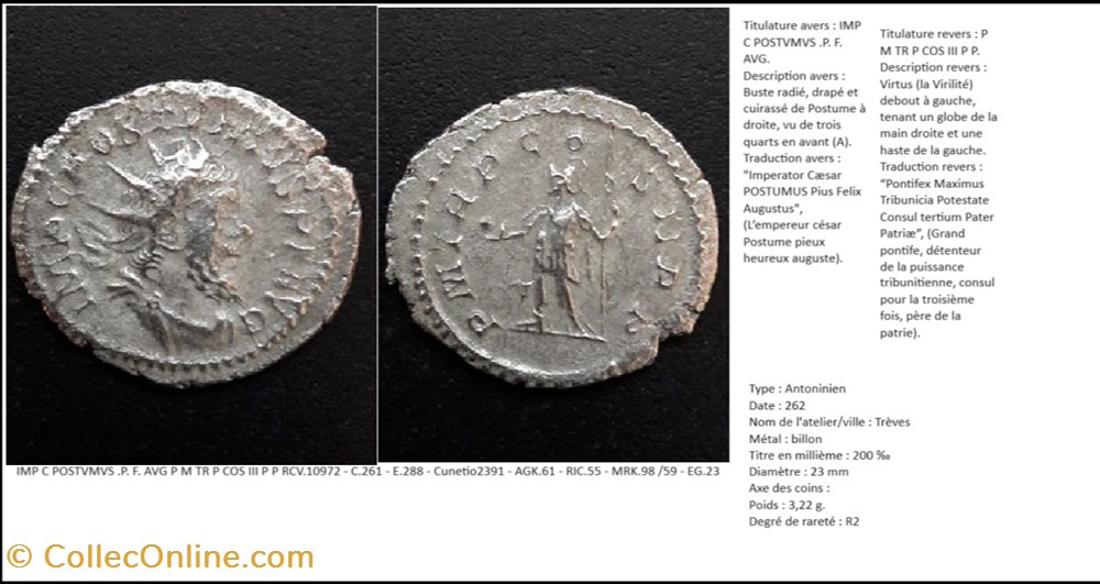 TREVES POSTUME PM TRP COS III P P IMP C POSTVMVS .P. F. AVG monnaies antiques romaines imperiales et republicaines treves postume pm trp cos iii p p imp c postvmvs p f avg