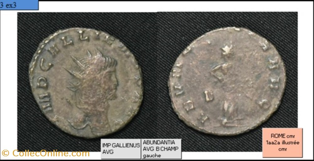 ROME GALLIEN ABVNDANTIA AVG B champ gauche IMP GALLIENUS AVG monnaies antiques romaines imperiales et republicaines rome gallien abvndantia avg b champ gauche imp gallienus avg