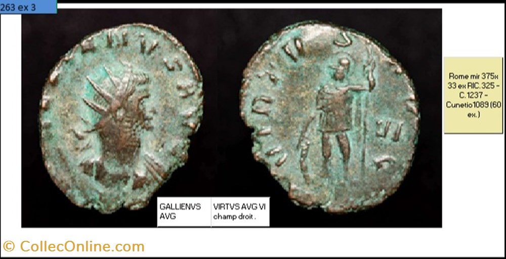 ROME GALLIEN VIRTVS AVG VI champ droit GALLIENVS AVG monnaies antiques romaines imperiales et republicaines rome gallien virtvs avg vi champ droit gallienvs avg