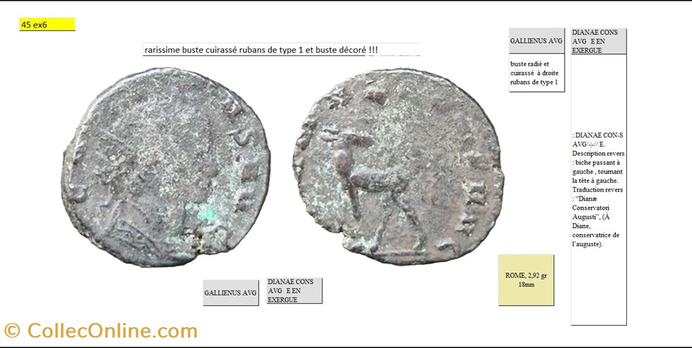 ROME GALLIEN DIANAE CONS AVG biche à gauche E EN EXERGUE IMP GALLIENUS AVG monnaies antiques romaines imperiales et republicaines rome gallien dianae cons avg biche a gauche e en exergue imp gallienus avg
