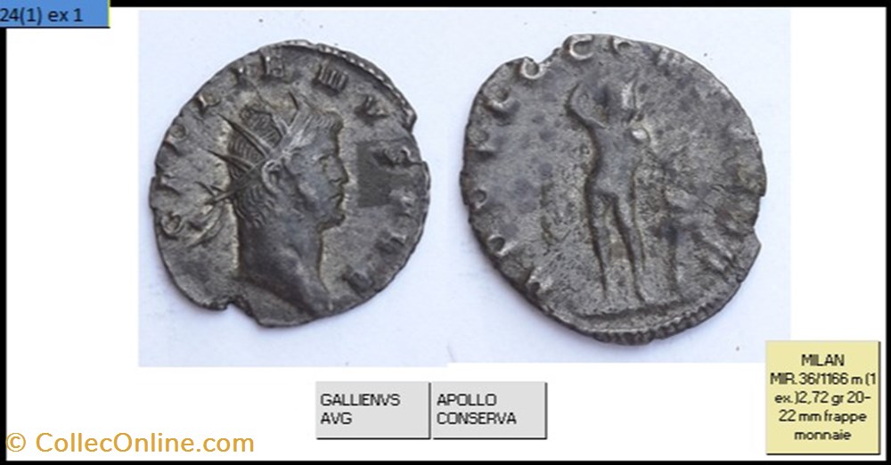 MILAN GALLIEN APOLLO CONSERVA GALLIENVS AVG monnaies antiques romaines imperiales et republicaines milan gallien apollo conserva gallienvs avg