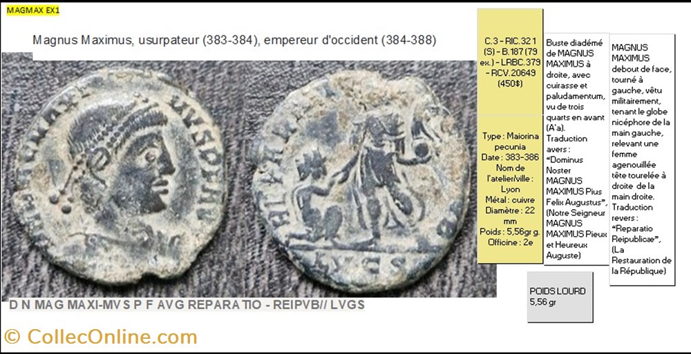 LYON MAXIME LE GRAND REPARATIO REIPVB LVGS en exergue D N MAG MAXI-MVS P F AVG monnaies antiques romaines imperiales et republicaines lyon maxime le grand reparatio reipvb lvgs en exergue d n mag maxi mvs p f avg