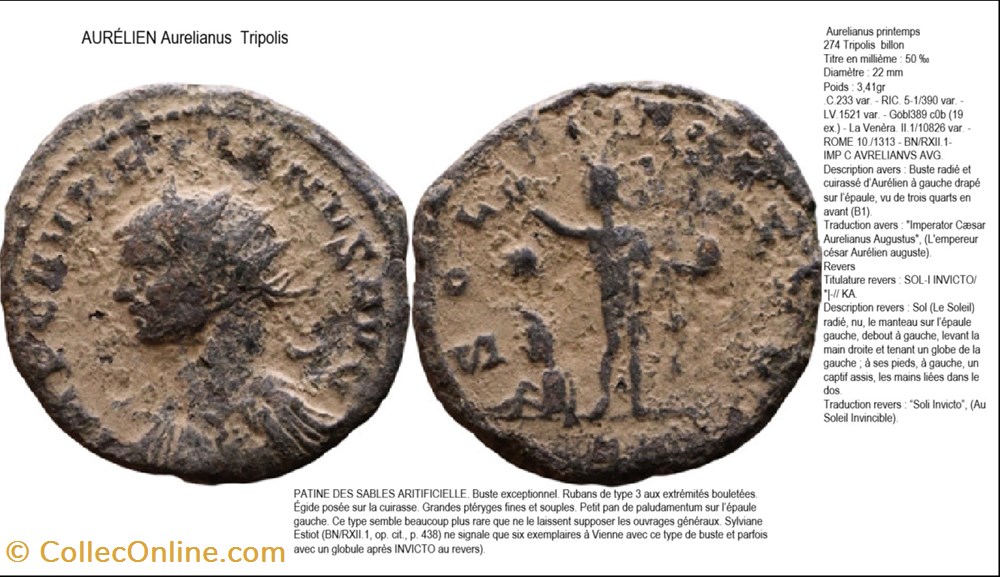 TRIPOLIS AURELIEN SOLI INVICTO * CHAMP GAUCHE EN EXERGUE KA IMP C AVRELIANVS AVG monnaies antiques romaines imperiales et republicaines tripolis aurelien soli invicto champ gauche en exergue ka imp c avrelianvs avg