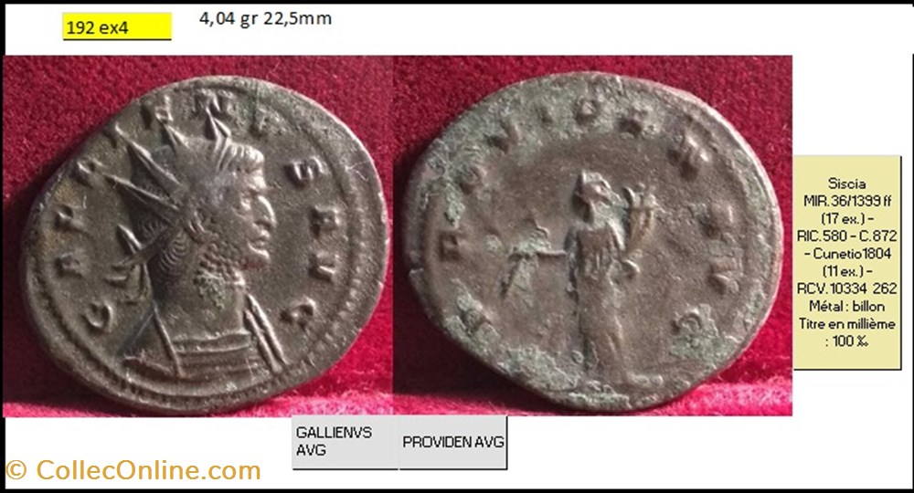 SISCIA GALLIEN PROVIDEN AVG GALLIENVS AVG monnaies antiques romaines imperiales et republicaines siscia gallien providen avg gallienvs avg
