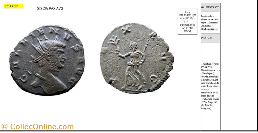 SISCIA GALLIEN PAX AVG marchant à gauche GALLIENVS AVG monnaies antiques romaines imperiales et republicaines siscia gallien pax avg marchant a gauche gallienvs avg