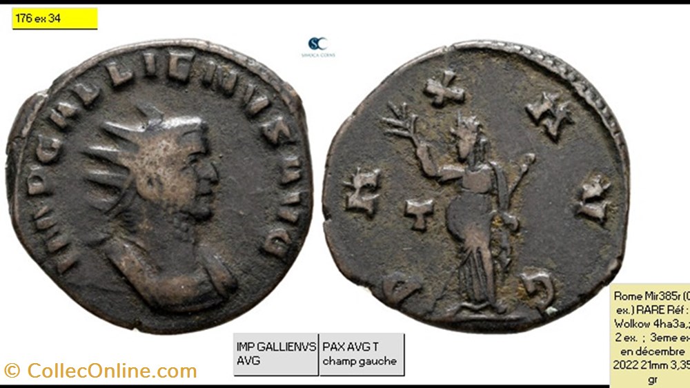 ROME GALLIEN PAX AVG T champ gauche IMP GALLIENVS AVG monnaies antiques romaines imperiales et republicaines rome gallien pax avg t champ gauche imp gallienvs avg