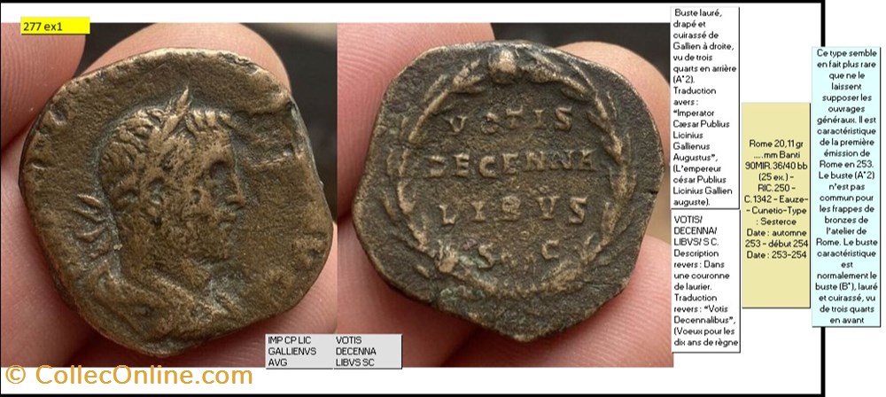 monnaies antiques romaines imperiales et republicaines rome gallien votis decenna libvs sc imp cp lic gallienvs avg