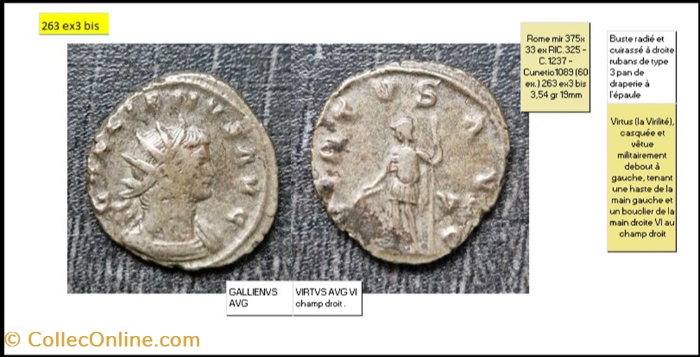 ROME GALLIEN VIRTVS AVG VI champ droit GALLIENVS AVG monnaies antiques romaines imperiales et republicaines rome gallien virtvs avg vi champ droit gallienvs avg