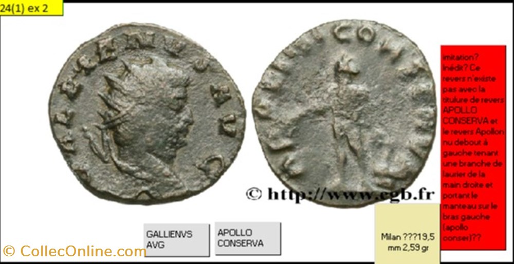 MILAN GALLIEN APOLLO CONSERVA GALLIENVS AVG monnaies antiques romaines imperiales et republicaines milan gallien apollo conserva gallienvs avg