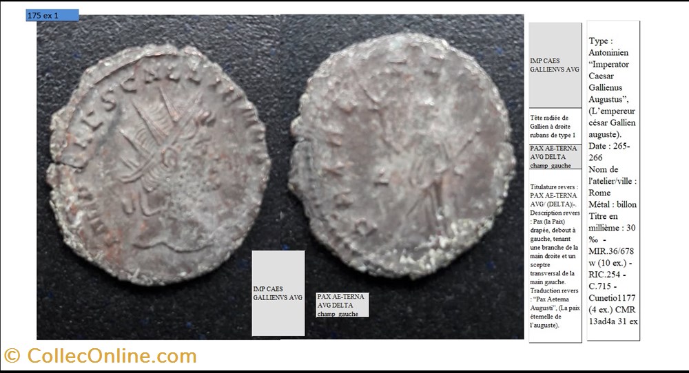 monnaies antiques romaines imperiales republicaines rome gallien pax aeterna avg delta champ gauche imp caes gallienus avg