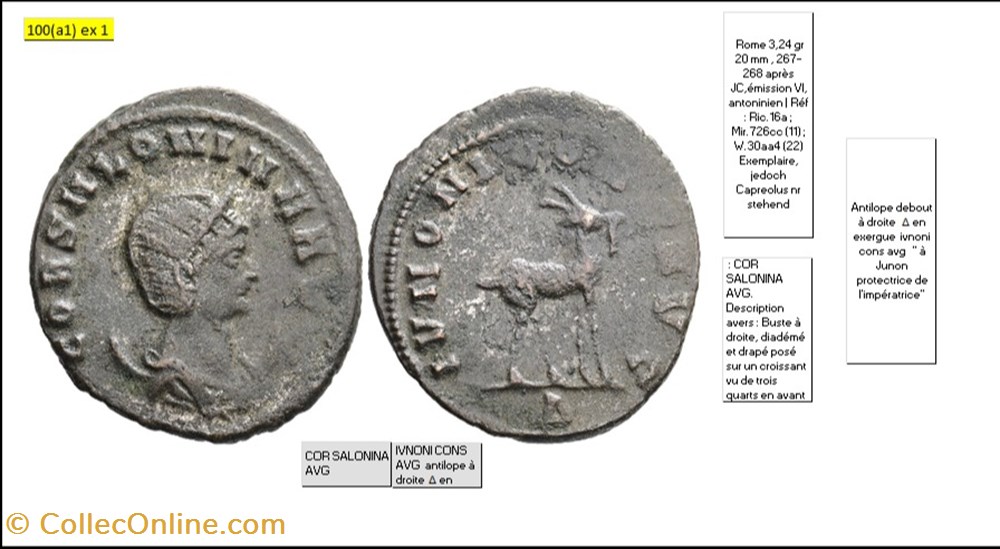 ROME SALONINE IVNONI CONS AVG antilope à droite Δ en exergue COR SALONINA AVG monnaies antiques romaines imperiales et republicaines rome salonine ivnoni cons avg antilope a droite en exergue cor salonina avg