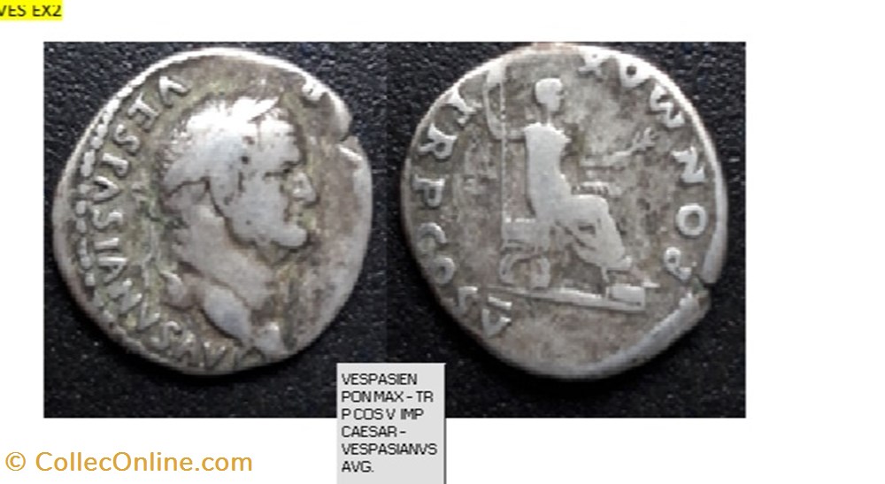 ROME VESPASIEN PON MAX - TR P COS V IMP CAESAR VESPASIANVS AVG monnaies antiques romaines imperiales et republicaines rome vespasien pon max tr p cos v imp caesar vespasianvs avg
