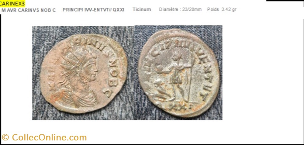 TICINIUM CARIN PRINCIPI IVVENTVT QXXI EN EXERGUE monnaies antiques romaines imperiales et republicaines ticinium carin principi ivventvt qxxi en exergue