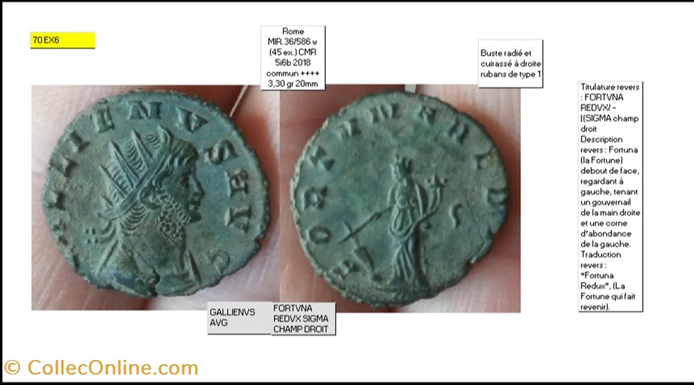 monnaies antiques romaines imperiales et republicaines rome gallien fortvna redvx sigma champ droit gallienvs avg