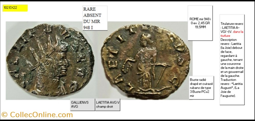 ROME GALLIEN LAETITIA AVG V champ droit GALLIENVS AVG monnaies antiques romaines imperiales republicaines rome gallien laetitia avg v champ droit gallienvs avg