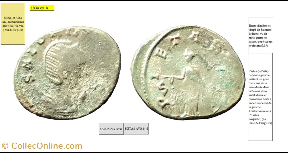 SISCIA SALONINE PIETAS AVG S champ droit I champ gauche SALONINA AVG monnaies antiques romaines imperiales republicaines siscia salonine pietas avg s champ droit i champ gauche salonina avg