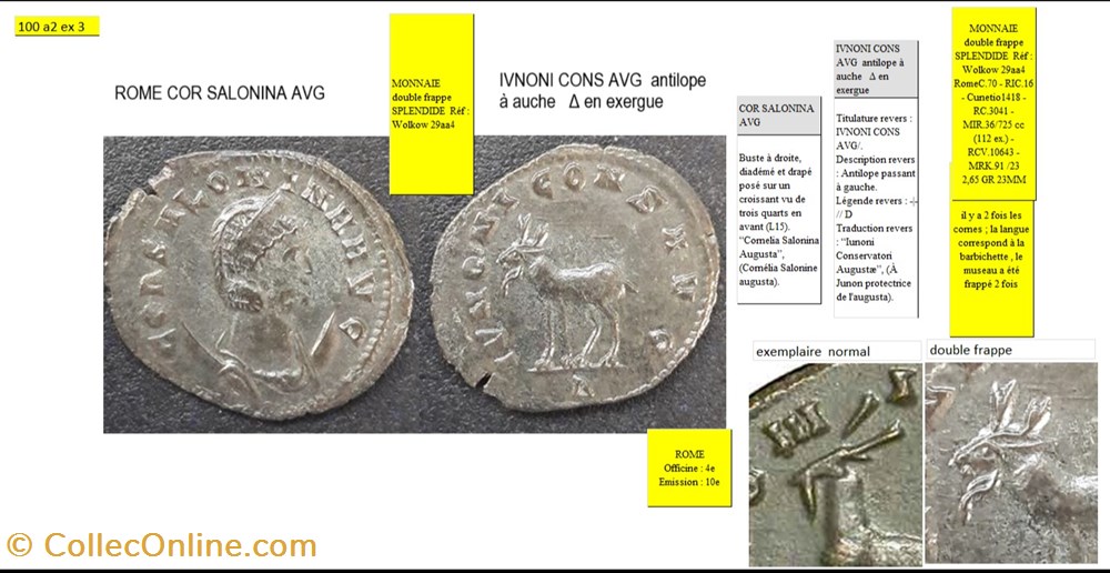ROME SALONINE IVNONI CONS AVG antilope à gauche Δ en exergue COR SALONINA AVG DOUBLE FRAPPE monnaies antiques romaines imperiales et republicaines rome salonine ivnoni cons avg antilope a gauche en exergue cor salonina avg double frappe