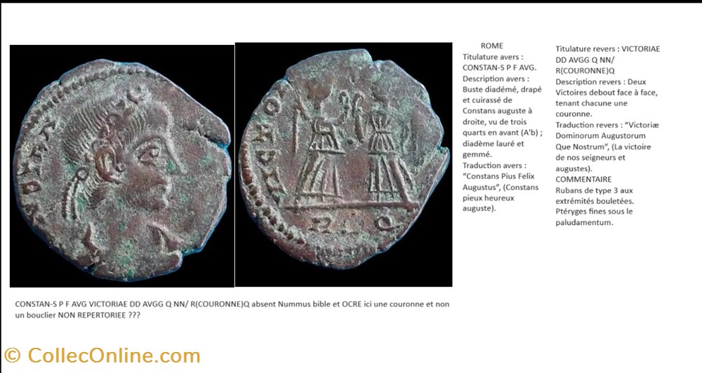 ROME CONSTANS VICTORIAE DD AVGG Q NN EN EXERGUE R(COURONNE)Q CONSTANS P F AVG monnaies antiques romaines imperiales et republicaines rome constans victoriae dd avgg q nn en exergue r couronne q constans p f avg