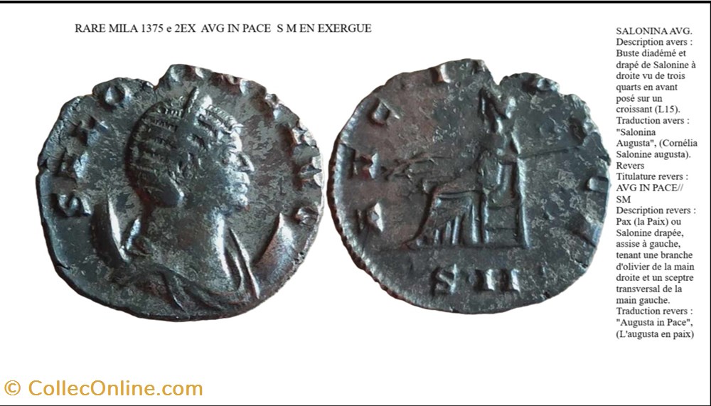MILAN SALONINE AVG IN PACE S M EN EXERGUE SALONINA AVG monnaies antiques romaines imperiales et republicaines milan salonine avg in pace s m en exergue salonina avg
