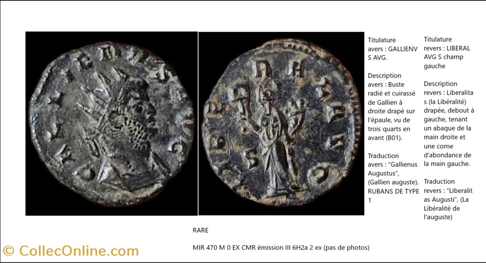 ROME GALLIEN LIBERAL AVG S champ gauche GALLIENVS AVG monnaies antiques romaines imperiales et republicaines rome gallien liberal avg s champ gauche gallienvs avg
