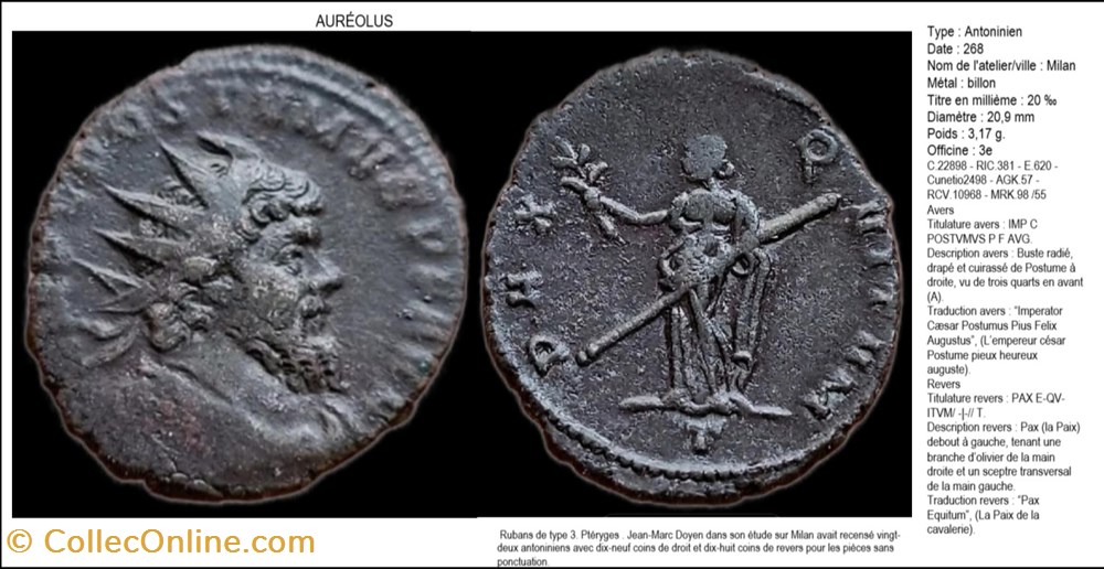 MILAN AUREOLUS PAX EQVITVM T EN EXERGUE IMP C POSTVMVS P F AVG monnaies antiques romaines imperiales et republicaines milan aureolus pax eqvitvm t en exergue imp c postvmvs p f avg