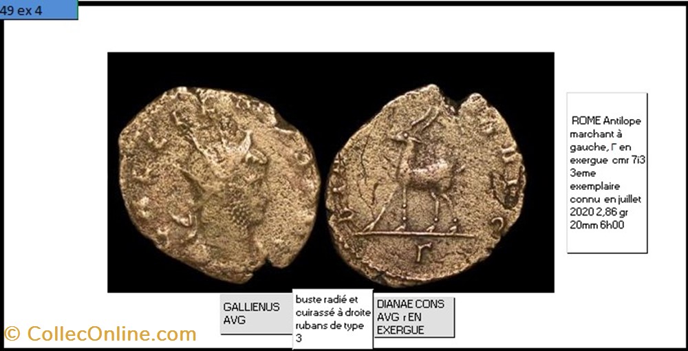 ROME GALLIEN DIANAE CONS AVG Antilope marchant à gauche, Γ en exergue GALLIENUS AVG monnaies antiques romaines imperiales et republicaines rome gallien dianae cons avg antilope marchant a gauche en exergue gallienus avg