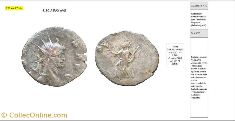 SISCIA GALLIEN PAX AVG marchant à gauche GALLIENVS AVG monnaies antiques romaines imperiales et republicaines siscia gallien pax avg marchant a gauche gallienvs avg