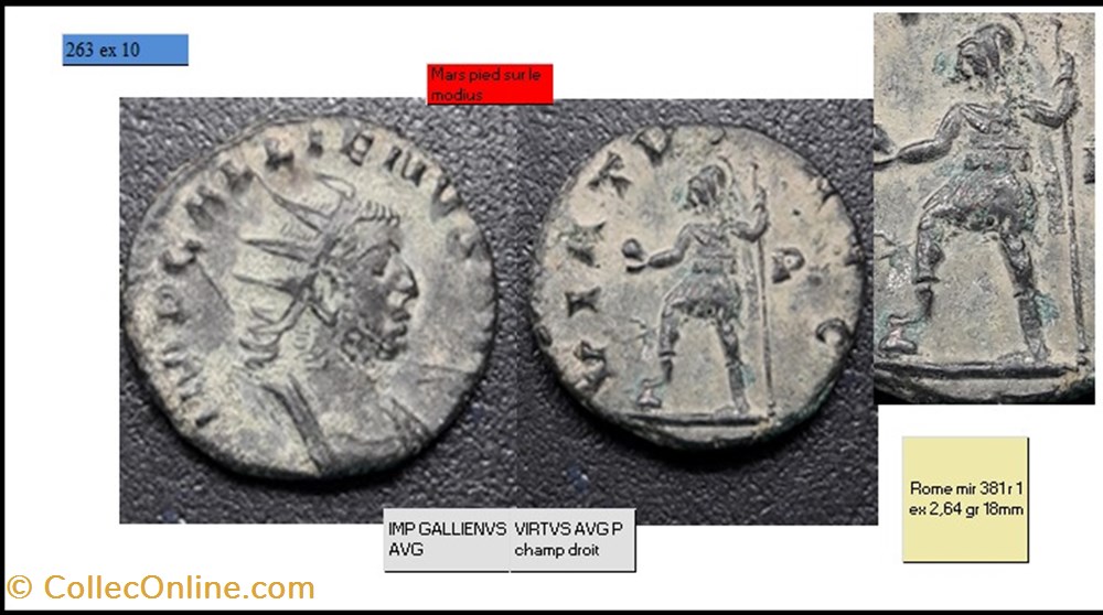 ROME GALLIEN VIRTVS AVG P champ droit VAR pied sur le moedius IMP GALLIENVS AVG monnaies antiques romaines imperiales et republicaines rome gallien virtvs avg p champ droit var pied sur le moedius imp gallienvs avg