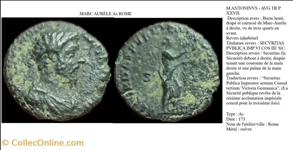 monnaies antiques romaines imperiales et republicaines rome marc aurele secvritas pvblica imp vi cos iii s c m antoninvs avg tr p xxvii