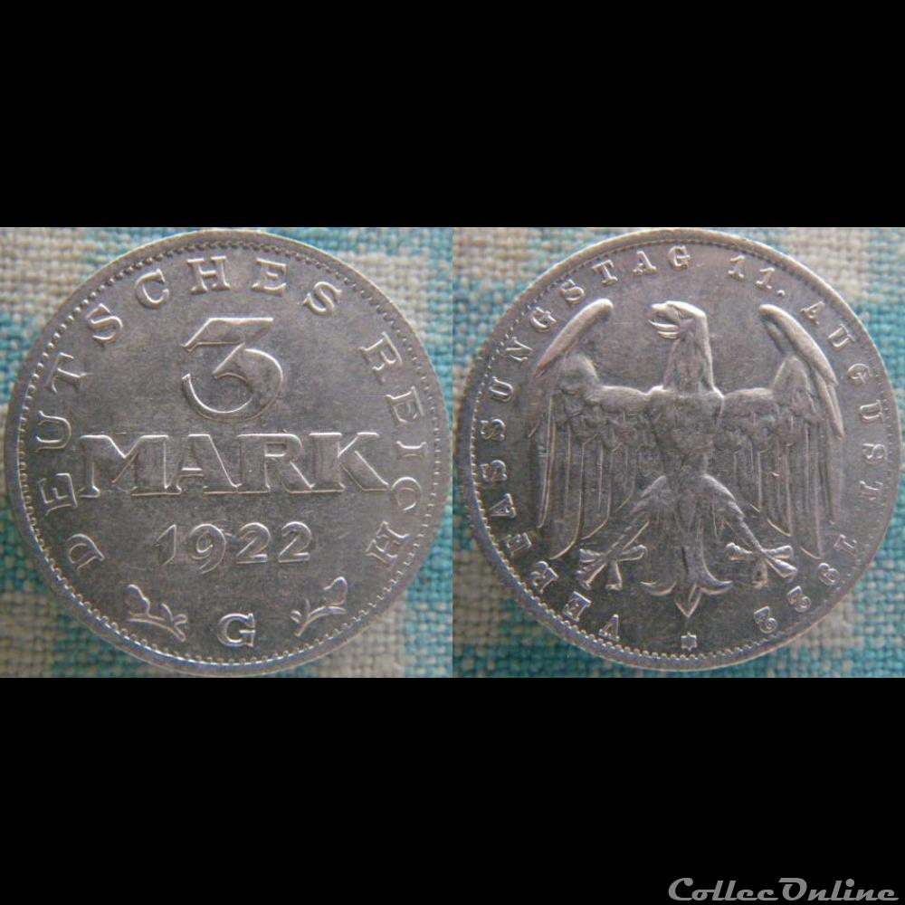 3 Mark 1922 G monnaie monde allemagne 3 mark 1922 g