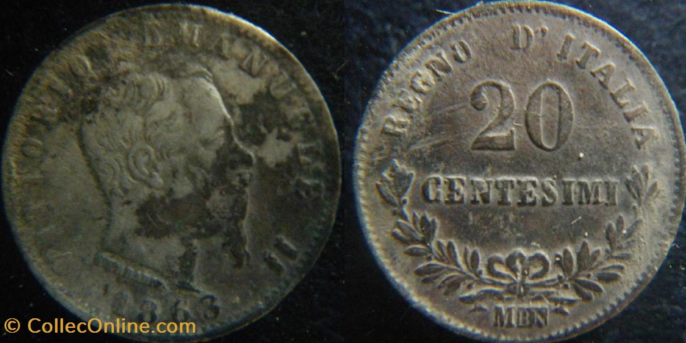 20 centesimi 1863 M monnaies monde italie 20 centesimi 1863 m