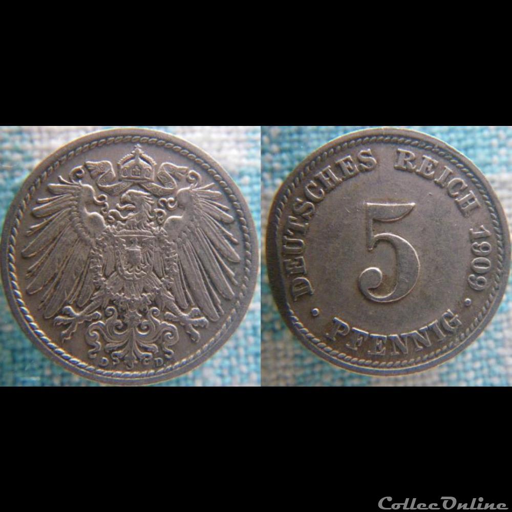 5 pfennig 1909 D monnaie monde allemagne 5 pfennig 1909 d