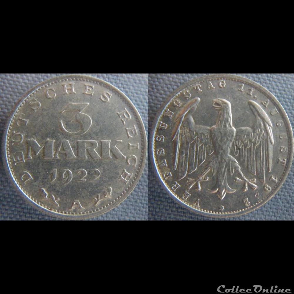monnaie monde allemagne 3 mark 1922 a