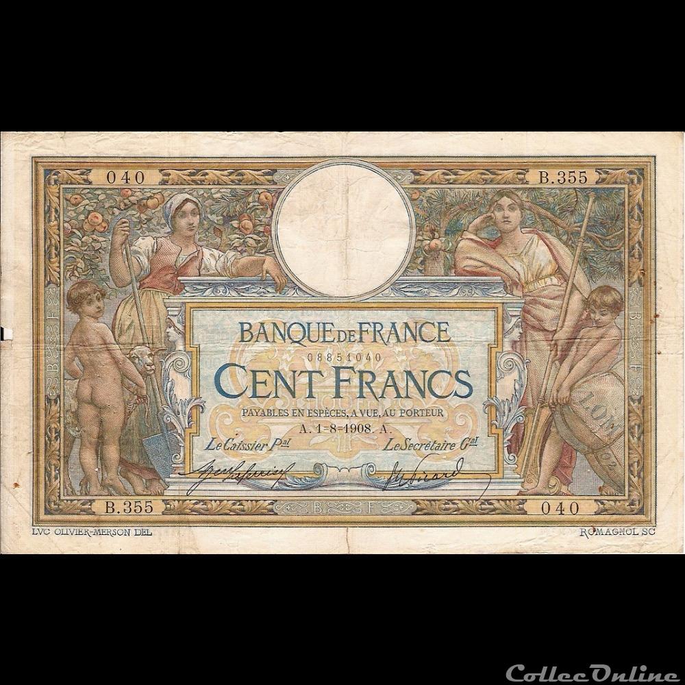 01-08-1908 -- B.355 040 billet france banque de xxe 01 08 1908 b 355 040