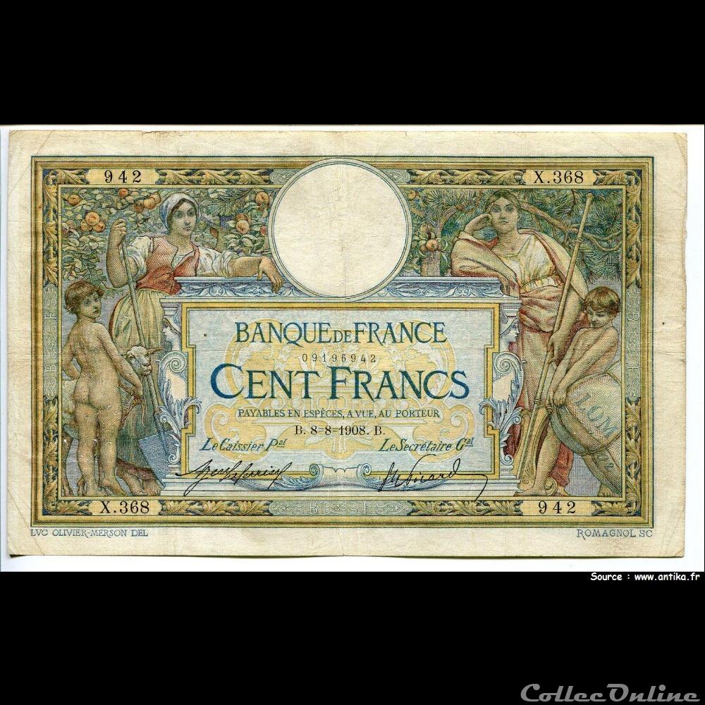 08-08-1908 -- X.368 942 billet france banque de xxe 08 08 1908 x 368 942