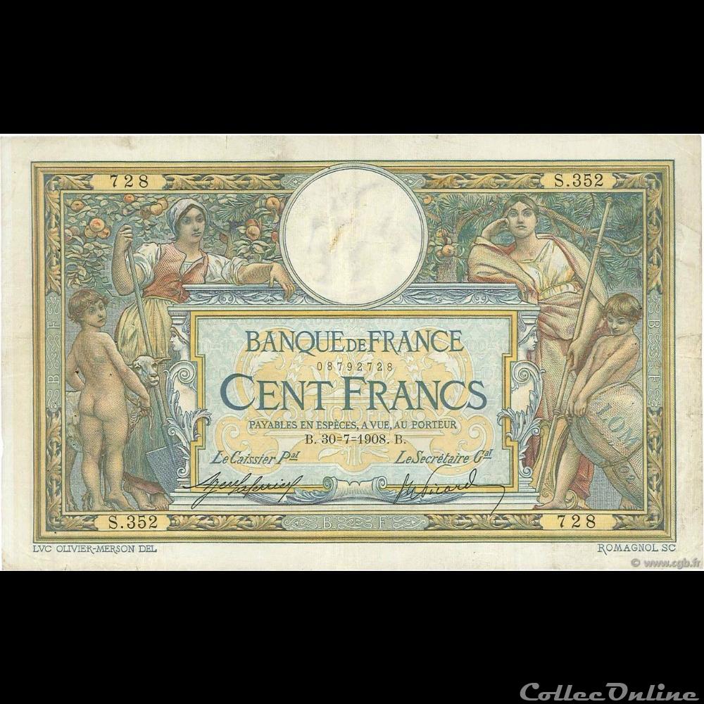 30-07-1908 -- S.352 728 billet france banque de xxe 30 07 1908 s 352 728
