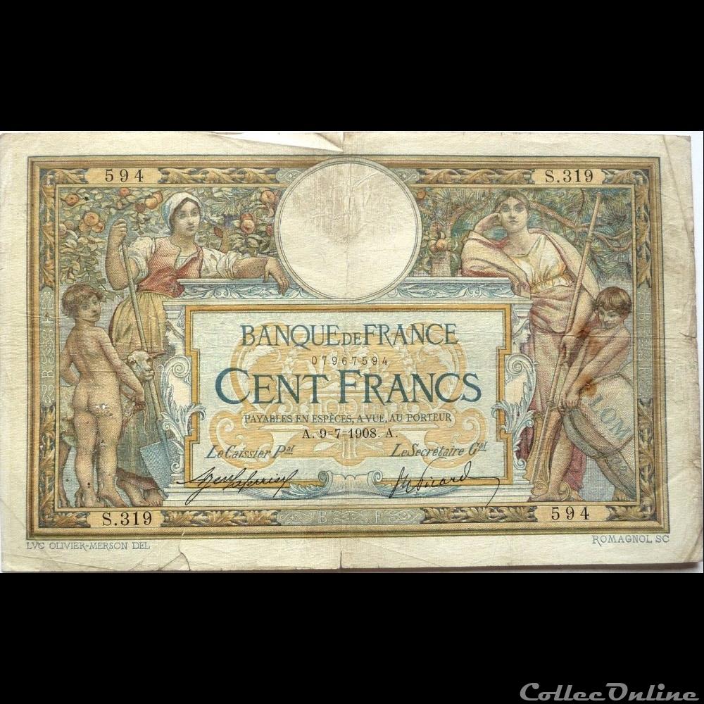 09-07-1908 -- S.319 594 billet france banque de xxe 09 07 1908 s 319 594