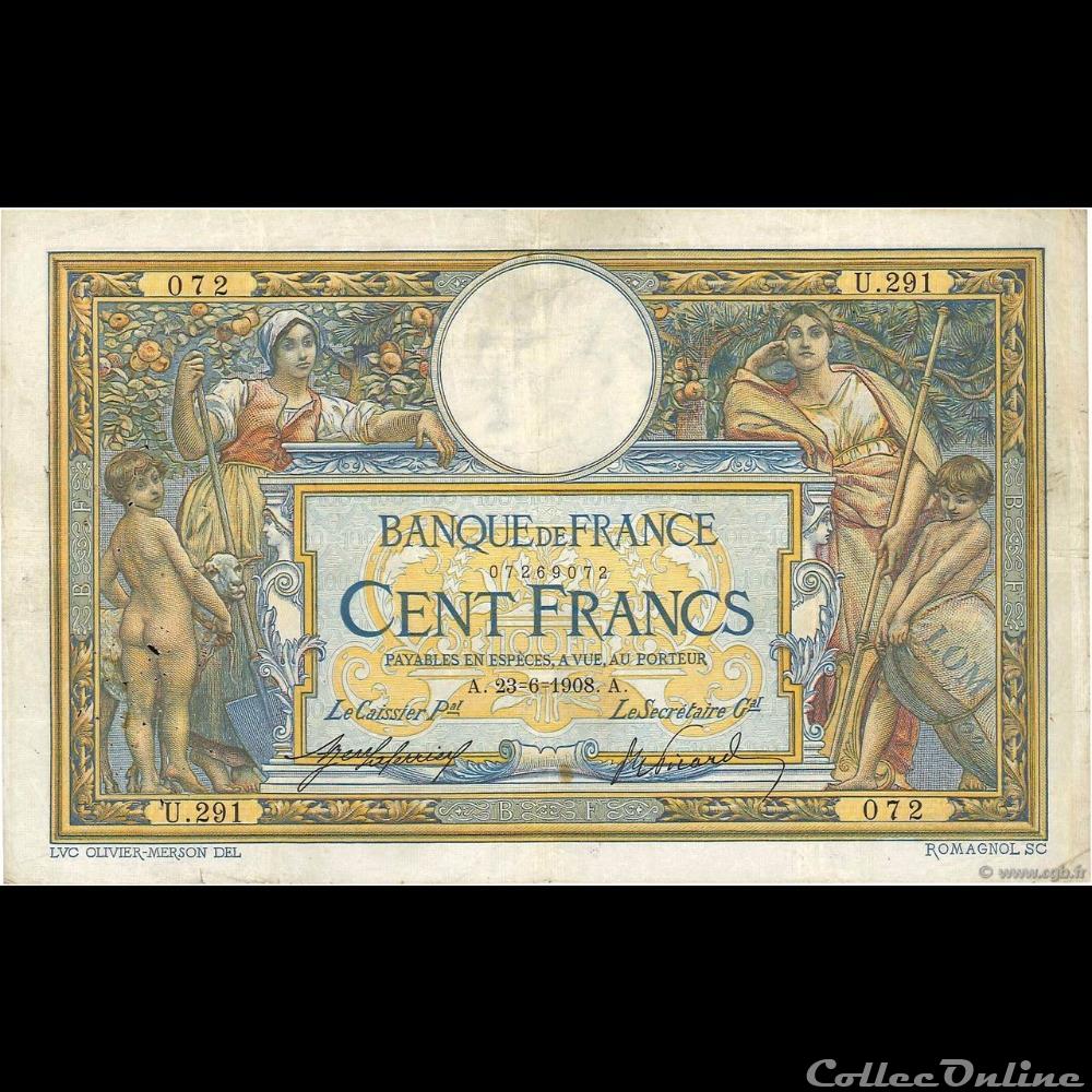 23-06-1908 -- U.291 072 billet france banque de xxe 23 06 1908 u 291 072